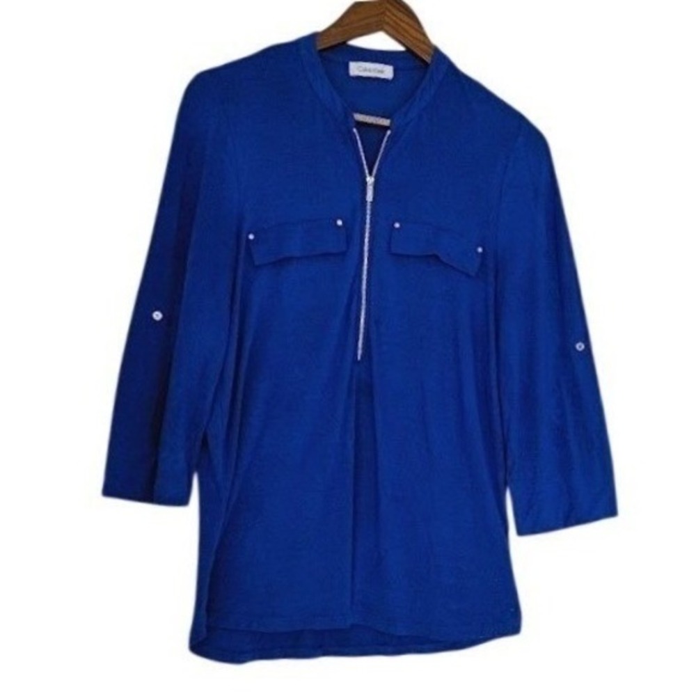 Calvin Klein Blue Zipper Pocket 3/4 Sleeve Tunic Top M Modern Professional - Picture 2 of 7
